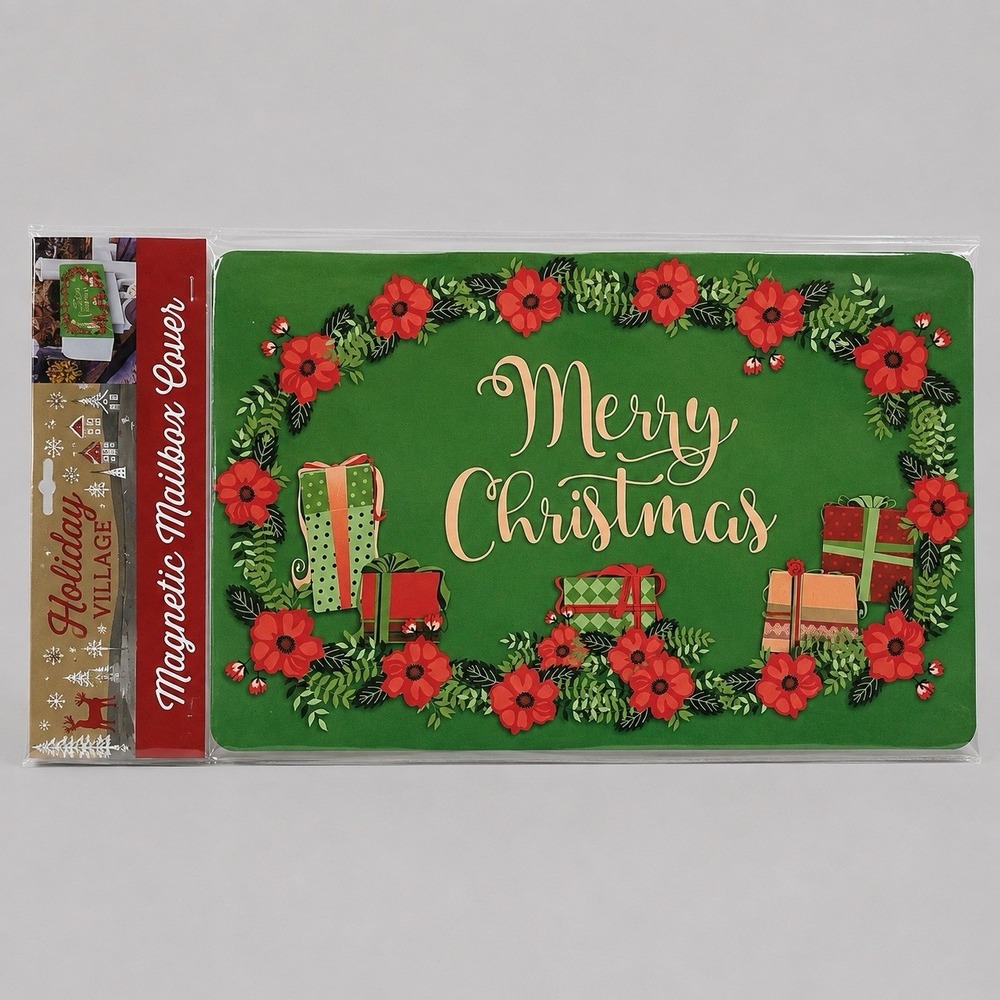 Holiday Village Merry Christmas Magnetic Mailbox Cover Green Red Floral Wreath